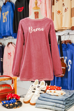 Strawberry Pink Corded Ribbed Bama Embroidered Letter Graphic Sweatshirt