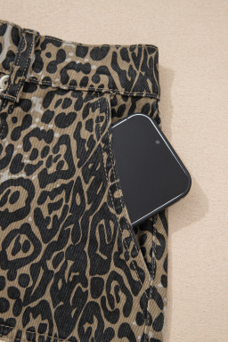 Khaki Contrast Scalloped Lace Trim Leopard Denim Shorts