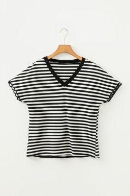 Black Striped Print V Neck Delicate Trim Casual Tee