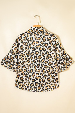 Khaki Leopard Print Ruffle Trim 3/4 Sleeve Loose Shirt