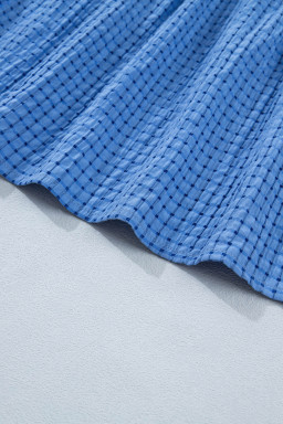 Dusk Blue Gingham Textured Bow Tie Short Sleeve Tiered Midi Dress