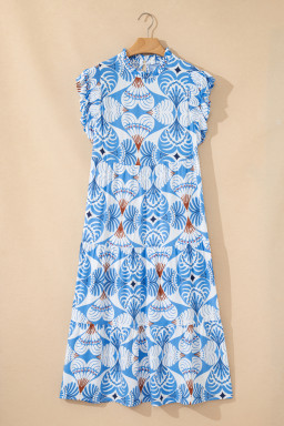 Sky Blue Tropical Botanic Print Flutter Sleeve Vacation Long Dress