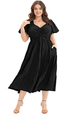 Black Plus Size Short Sleeve Lace-up High Waist Midi Dress