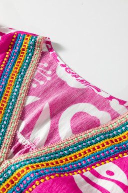 Rose Boho Mixed Print Contrast Trim V Neck Short Sleeve Flared Dress