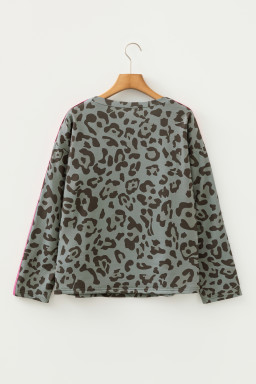 Green Leopard Print Varsity Striped Trim Long Sleeve Top