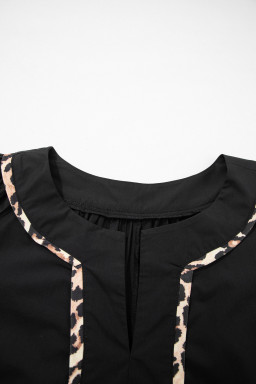 Black Plus Size Split Neck Leopard Trim Flounced Long Sleeve Blouse