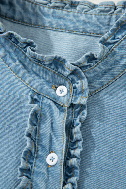 Myosotis Frilled Detail Button Down Ruffle Short Sleeve Denim Mini Dress