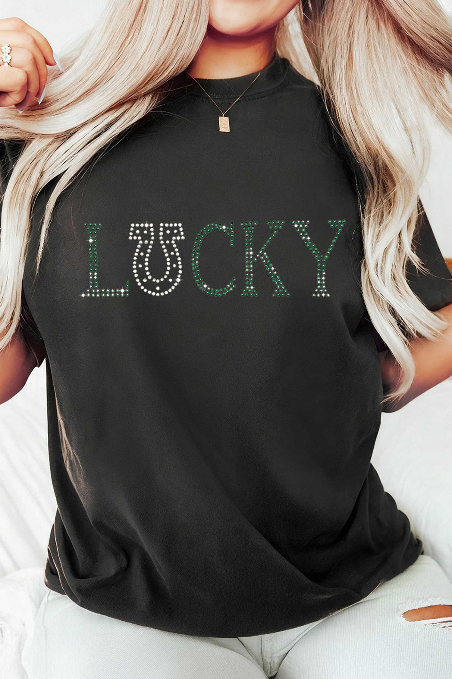 Black LUCKY Rhinestone Graphic Rolled Sleeve Tee