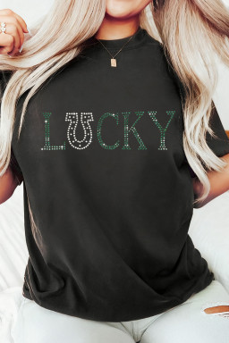Black LUCKY Rhinestone Graphic Rolled Sleeve Tee