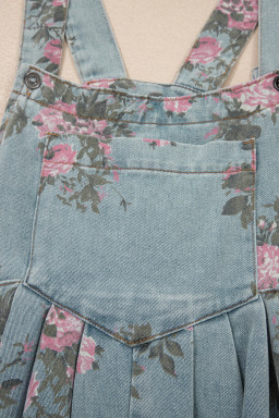 Beau Blue Floral Print Pleated High Waist Wide Leg Denim Jumpsuit