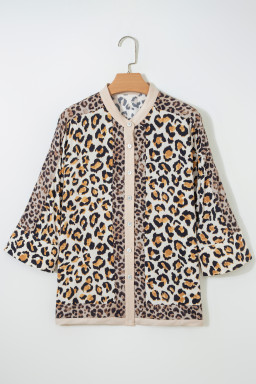 Khaki Mixed Leopard Patchwork 3/4 Sleeve Loose Shirt