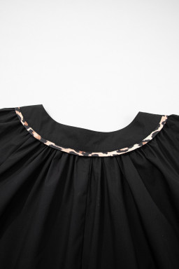 Black Plus Size Split Neck Leopard Trim Flounced Long Sleeve Blouse