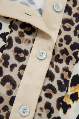 Khaki Mixed Leopard Patchwork 3/4 Sleeve Loose Shirt