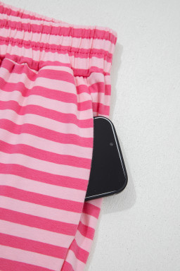 Rose Stripe Drop Shoulder Round Neck Top and Buttoned Straight Pants Two Piece Set