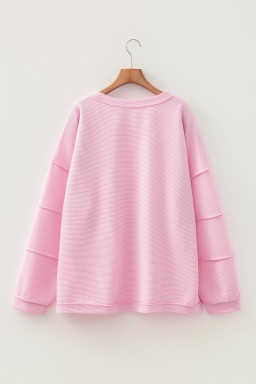 Pink Drop Shoulder Long Sleeve Plus Size Ribbed Top