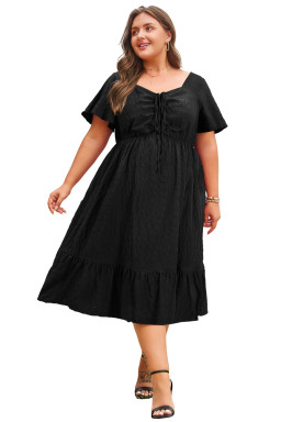 Black Plus Size Short Sleeve Lace-up High Waist Midi Dress