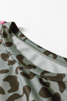 Green Leopard Print Varsity Striped Trim Long Sleeve Top