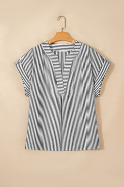 Black Stripe Plus Size V Neck Roll-tab Short Dolman Sleeve Blouse