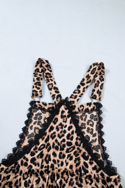 Khaki Cheetah Printed Contrast Lace Detail Ruffled Wide Leg Jumpsuit