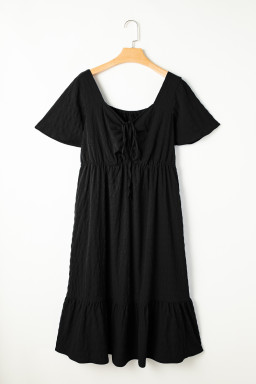 Black Plus Size Short Sleeve Lace-up High Waist Midi Dress