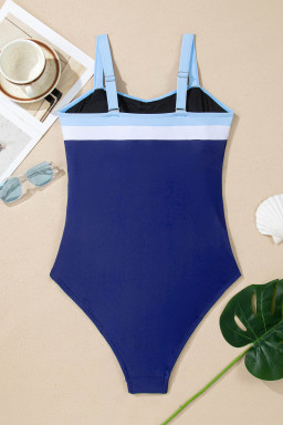 Navy Blue Color Block Detail Adjustable Straps One Piece Swimsuit