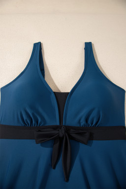 Sail Blue Color Block Patchwork Bow Knot Detail Sleeveless Swim Dress