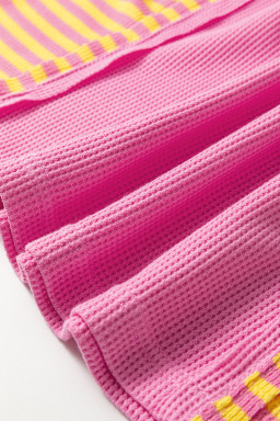 Bright Pink Waffle Textured Contrast Striped Patchwork Loose T Shirt