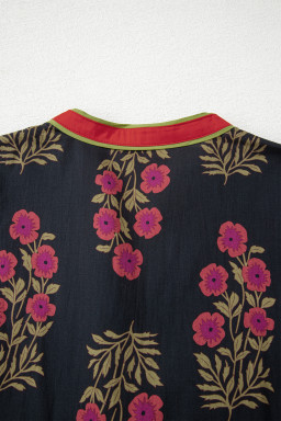 Black Retro Floral Print Button Down Belted Short Puff Sleeve Mini Dress