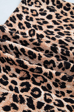 Khaki Cheetah Printed Contrast Lace Detail Ruffled Wide Leg Jumpsuit