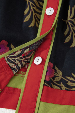 Black Retro Floral Print Button Down Belted Short Puff Sleeve Mini Dress