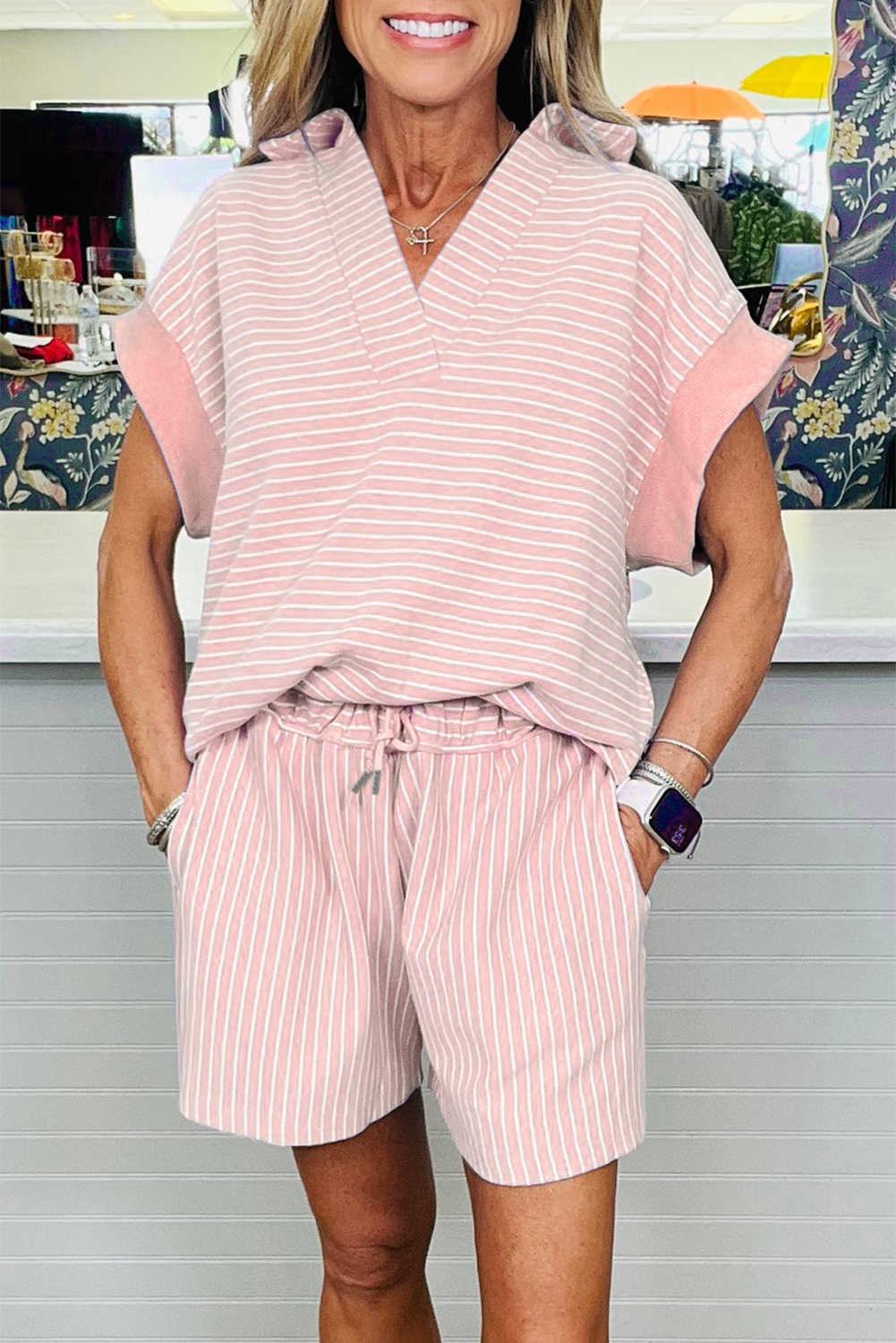 Pink Stripe Dolman Sleeve Polo Shirt and Drawstring Shorts Set