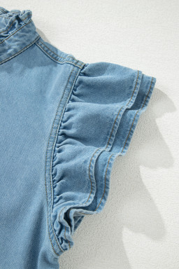 Myosotis Frilled Detail Button Down Ruffle Short Sleeve Denim Mini Dress