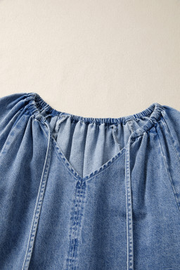 Myosotis Puff Sleeve V Neck Ruffled Loose Denim Mini Dress