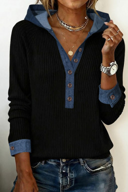 Black Ribbed Knit Contrast Denim Patchwork Hooded Long Sleeve Top