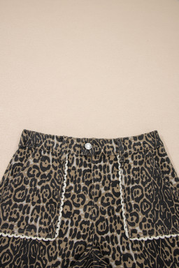 Khaki Contrast Scalloped Lace Trim Leopard Denim Shorts