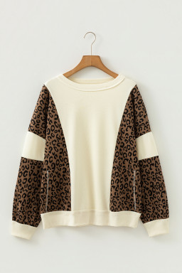 Beige Raw Seam Color Block Leopard Patchwork Baggy Long Sleeve Top