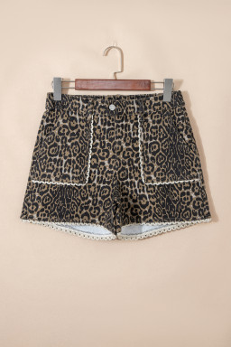 Khaki Contrast Scalloped Lace Trim Leopard Denim Shorts