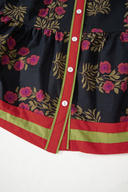 Black Retro Floral Print Button Down Belted Short Puff Sleeve Mini Dress