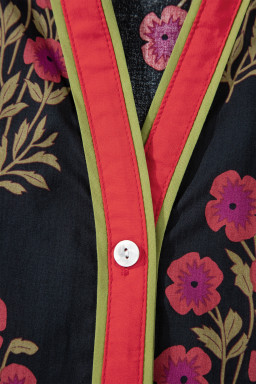 Black Retro Floral Print Button Down Belted Short Puff Sleeve Mini Dress