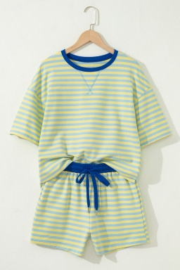 Yellow Stripe Drop Shoulder Boxy Casual Terry Short Set
