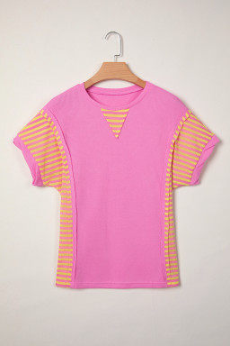 Bright Pink Waffle Textured Contrast Striped Patchwork Loose T Shirt