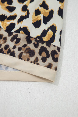 Khaki Mixed Leopard Patchwork 3/4 Sleeve Loose Shirt