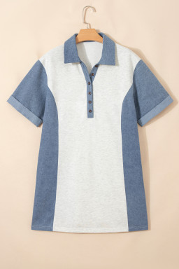 Light Grey Denim Color Block Patchwork Button Polo Collar T Shirt Tunic Dress