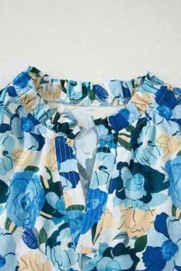 Sky Blue Floral Print Short Puff Sleeve V Neck Blouse