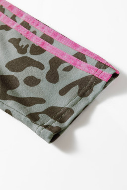 Green Leopard Print Varsity Striped Trim Long Sleeve Top