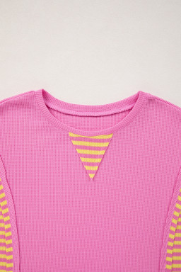 Bright Pink Waffle Textured Contrast Striped Patchwork Loose T Shirt