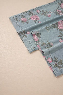 Beau Blue Floral Print Pleated High Waist Wide Leg Denim Jumpsuit