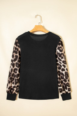 Khaki Leopard Puff Sleeve Patchwork Top