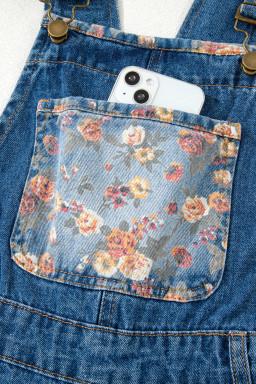 Peacock Blue Floral Patchwork Bib Denim Wide Leg Overalls
