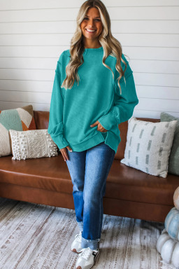 Sea Green Horizontal Ribbed Exposed Seam Detail Drop Shoulder Baggy Pullover